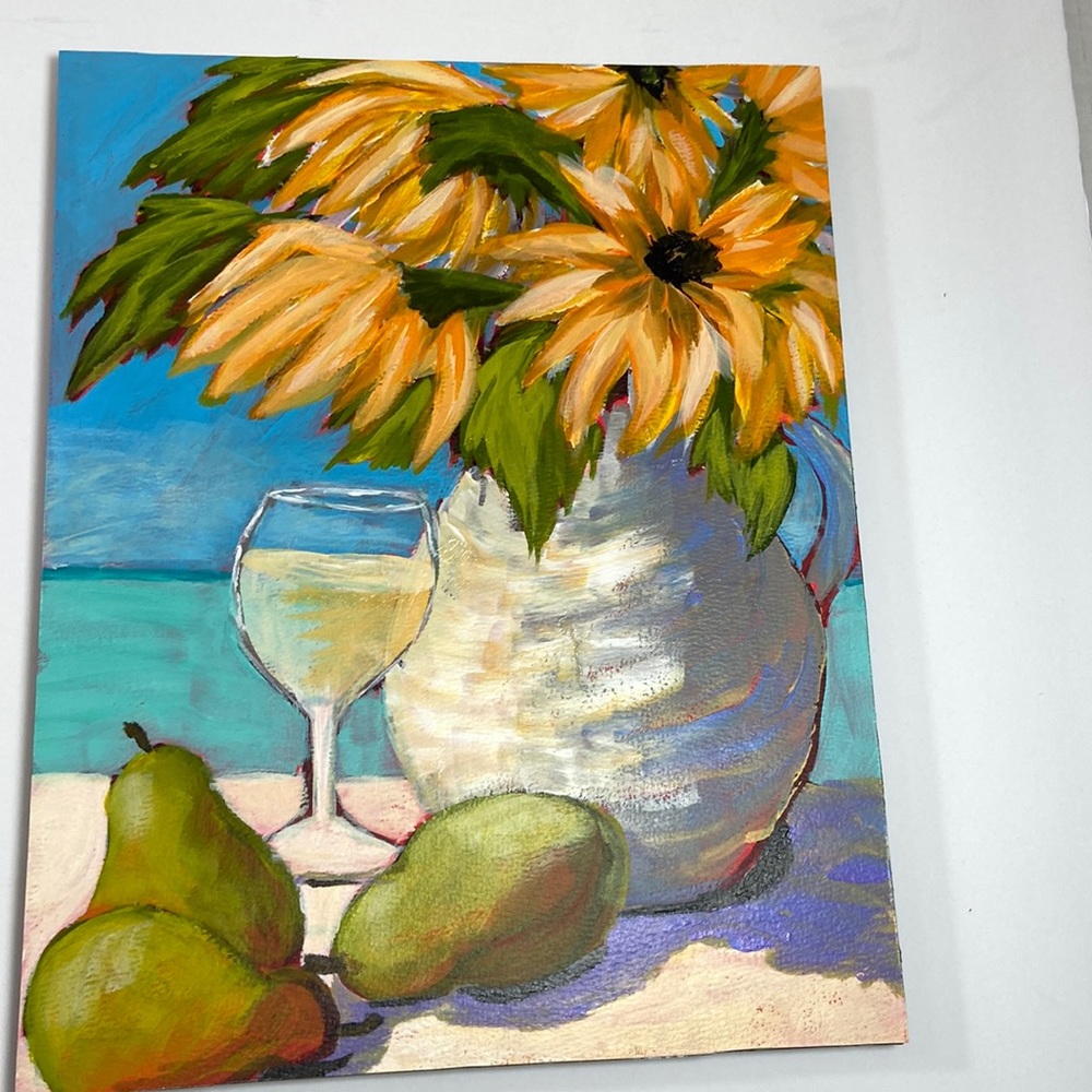 Abstract Sunflowers and Pears Kitchen Art Original Acrylic  Hand Painted Art